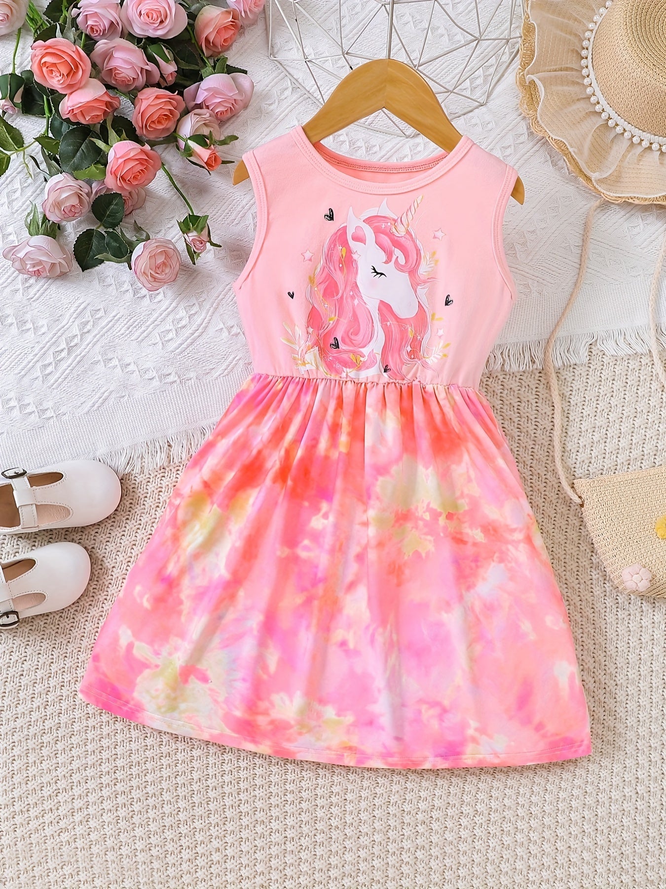 Toddler Girls Sleeveless Unicorn Dress for Beach Party