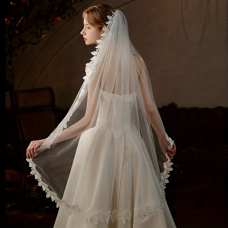 Bridal Long Head Veil Embroidered Lace Flower Wedding Hair Accessories