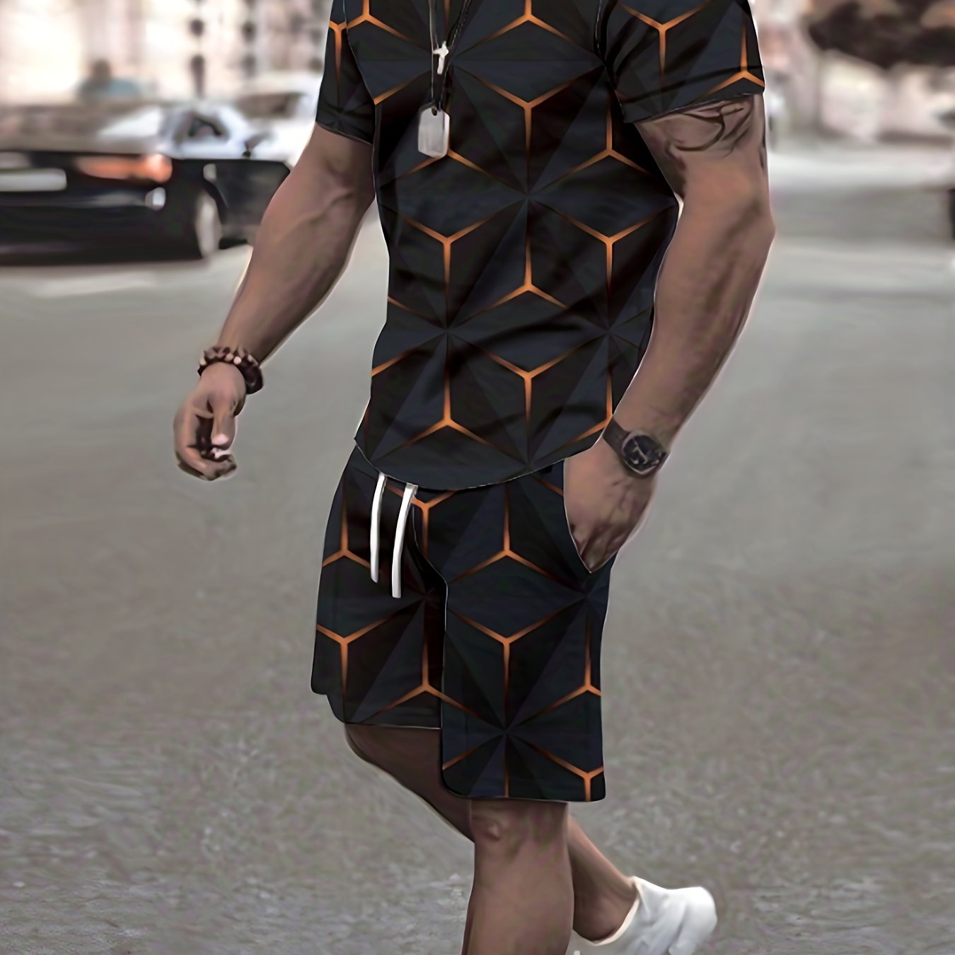 Men's 2 Piece Outfits 3D Pattern T-Shirt & Drawstring Shorts Set