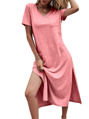 Casual V Neck Split Maxi Dress with Pockets