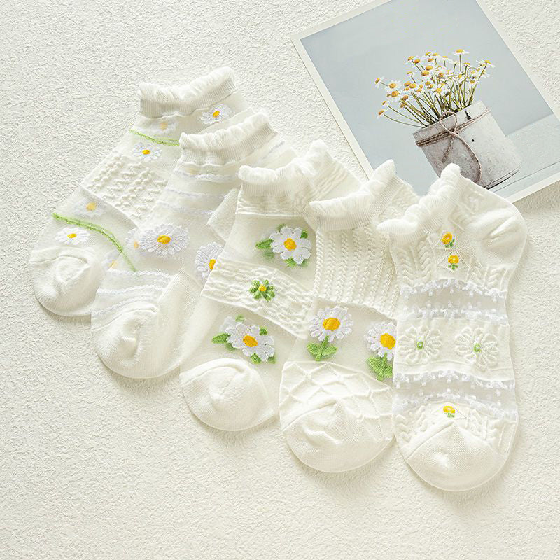 5 Pairs Floral Print Mesh Socks - Ruffle Ankle Stockings