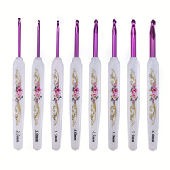 8pcs Crochet Hooks Set Ergonomic Pink Flower Pattern Needles For Knitting