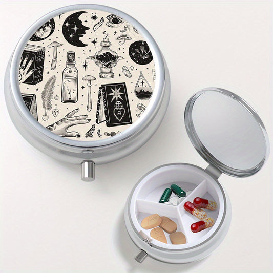 Vintage Patterned Round Pill Box with 3 Compartments