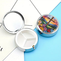 Stained Glass Cross Pill Organizer 2 Compartment Portable Medicine Case