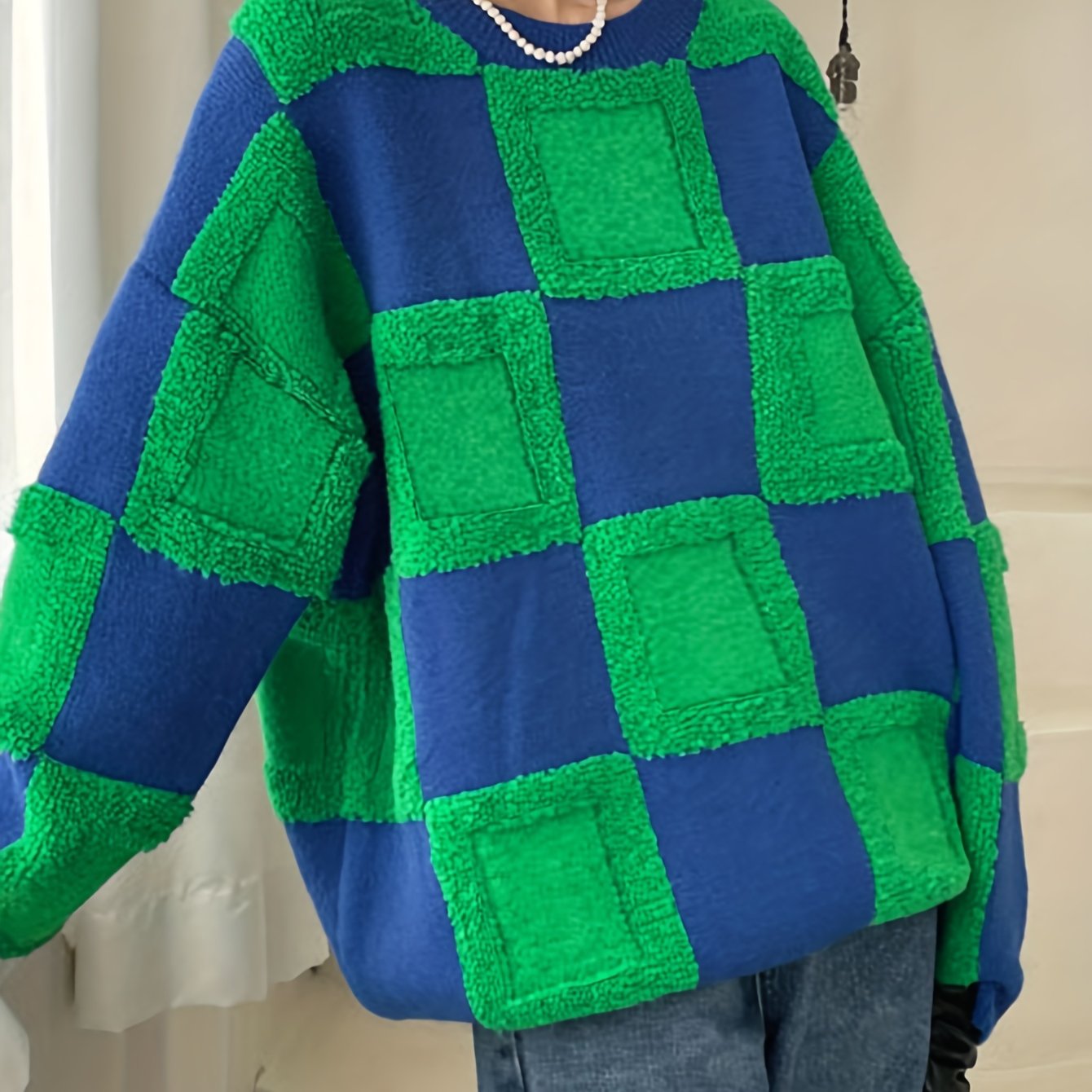 Y2K Checker Pattern Sweater Long Sleeve Round Neck Pullover Jumper