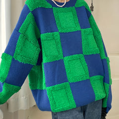 Y2K Checker Pattern Sweater Long Sleeve Round Neck Pullover Jumper