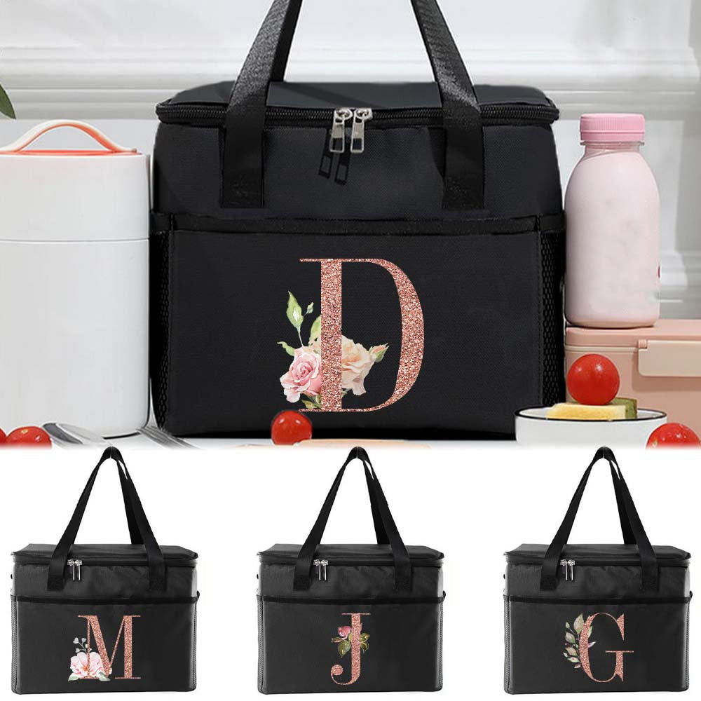 Rose Golden Letter Insulated Lunch Tote Bag Portable Cooler Box