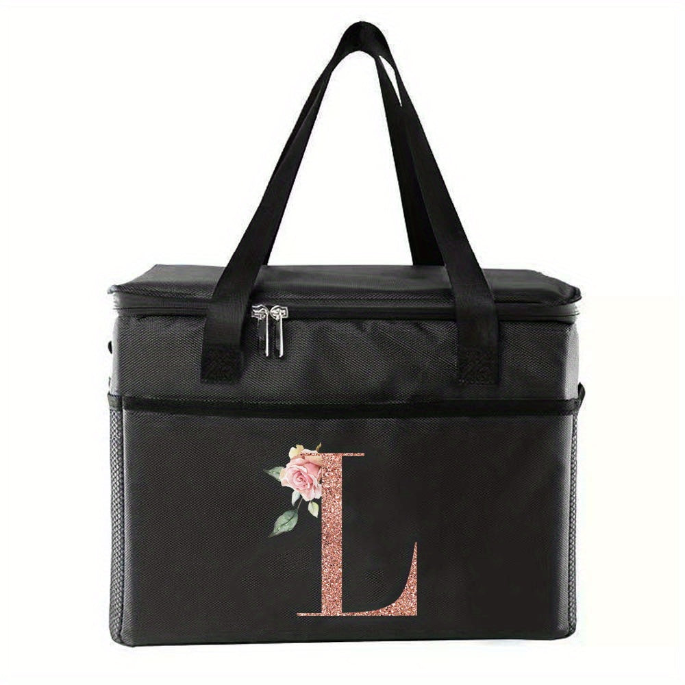 Rose Golden Letter Insulated Lunch Tote Bag Portable Cooler Box