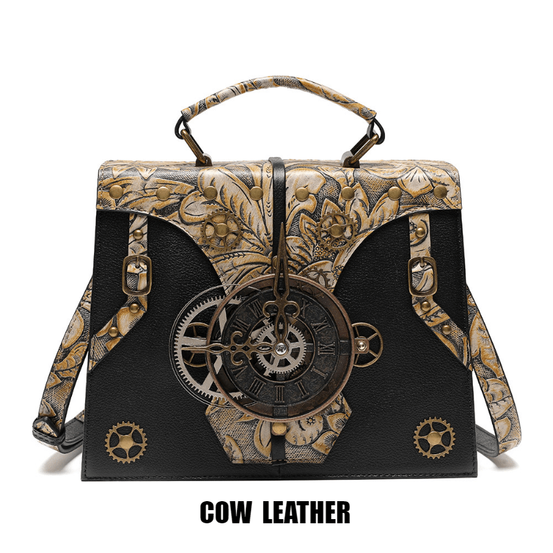 Steampunk Leather Crossbody Bag with Embossed Floral Pattern