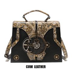 Steampunk Leather Crossbody Bag with Embossed Floral Pattern