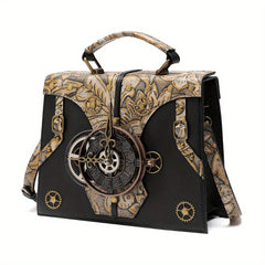 Steampunk Leather Crossbody Bag with Embossed Floral Pattern