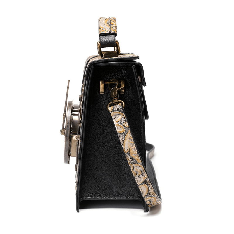 Steampunk Leather Crossbody Bag with Embossed Floral Pattern