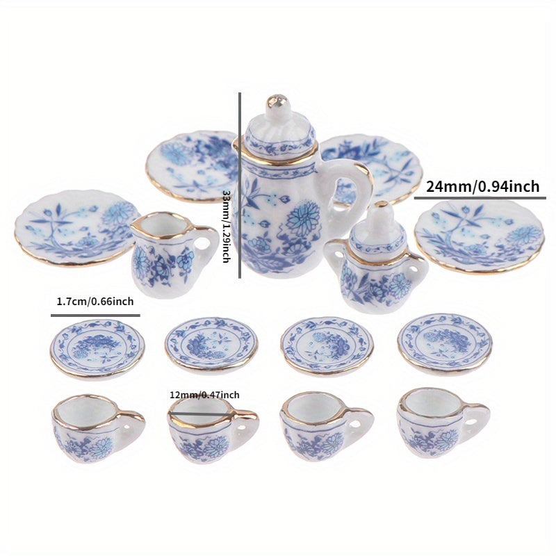 15pcs Chinese Ceramic Tea Set Decor Dollhouse Porcelain Tableware