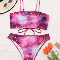 Galaxy Print Criss Cross Back Bikini Set Women's Plus Sexy