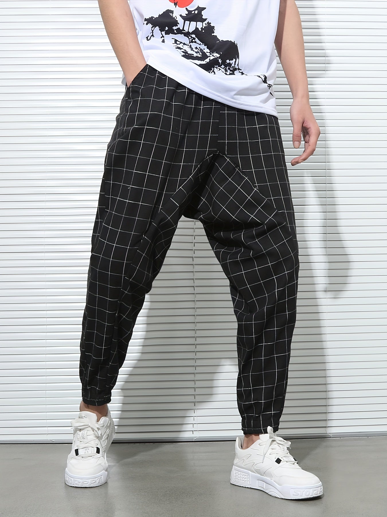 Men's Plaid Drawstring Sweatpants Casual Hip Pop Jogger Pants