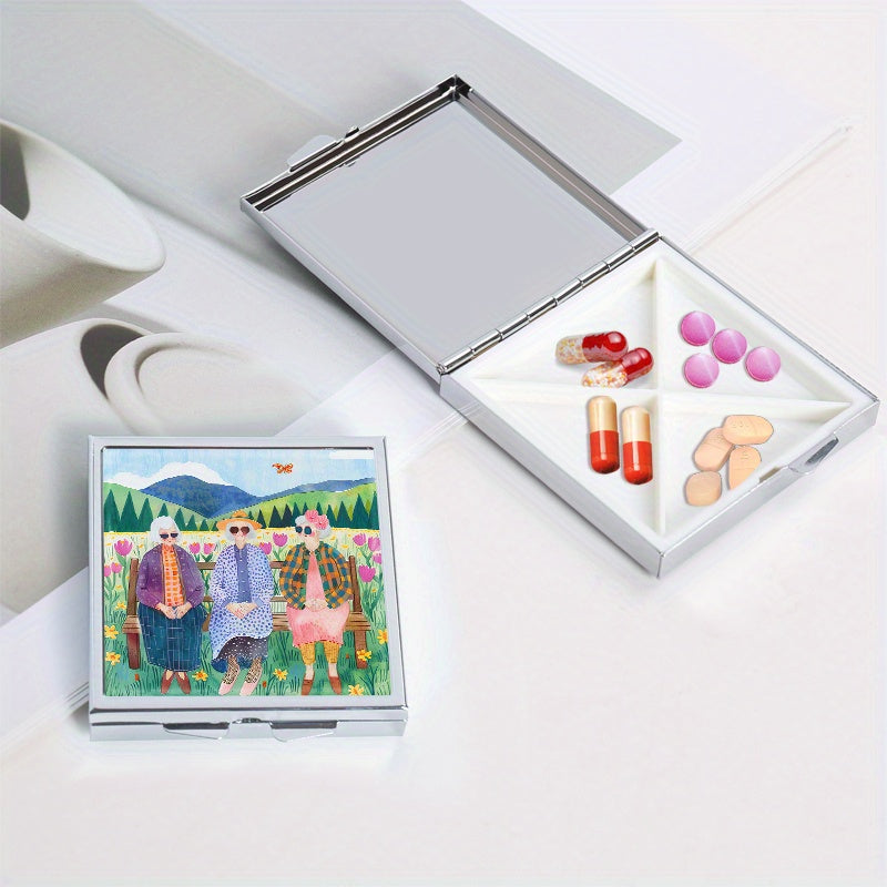 Flower Sisters Square Pill Box 4 Compartments Portable Medicine Box