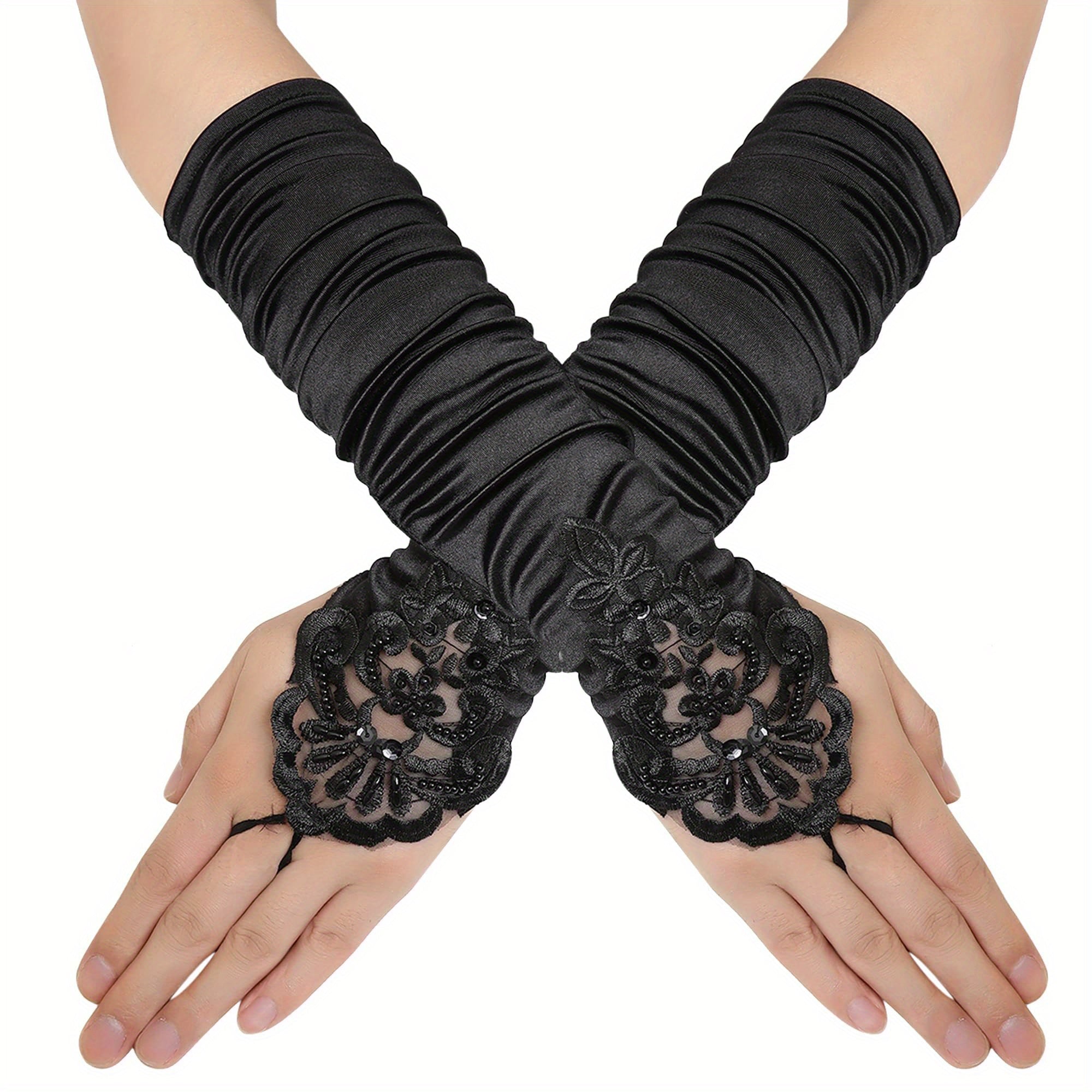 Vintage Floral Lace Gloves with Rhinestone Detail