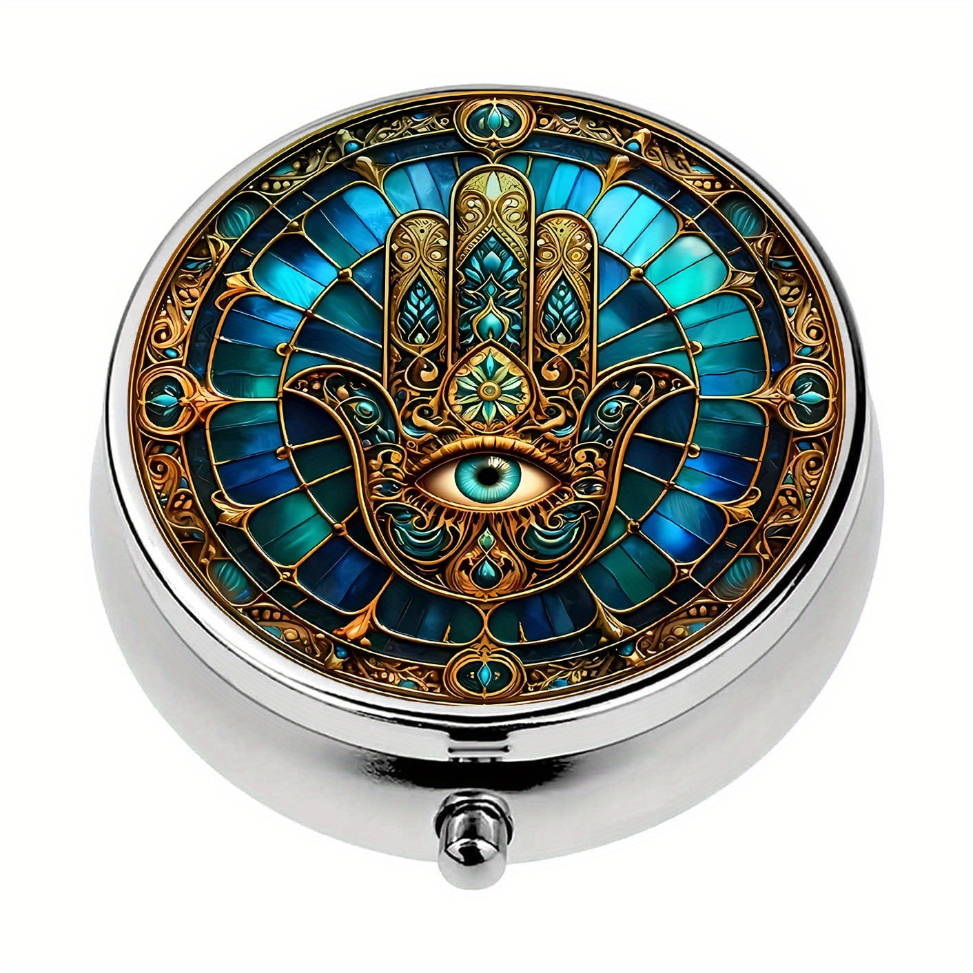 Mystical Hamsa Hand & Evil Eye Pill Box 3 Compartment Metal Medicine Organizer