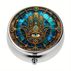 Mystical Hamsa Hand & Evil Eye Pill Box 3 Compartment Metal Medicine Organizer