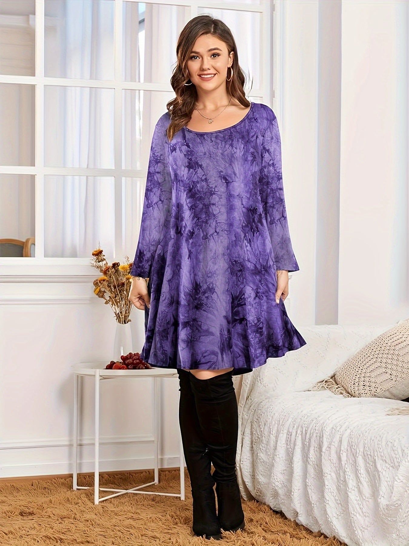 Women's Plus Tie Dye Long Sleeve Round Neck Loose Fit Mini Dress