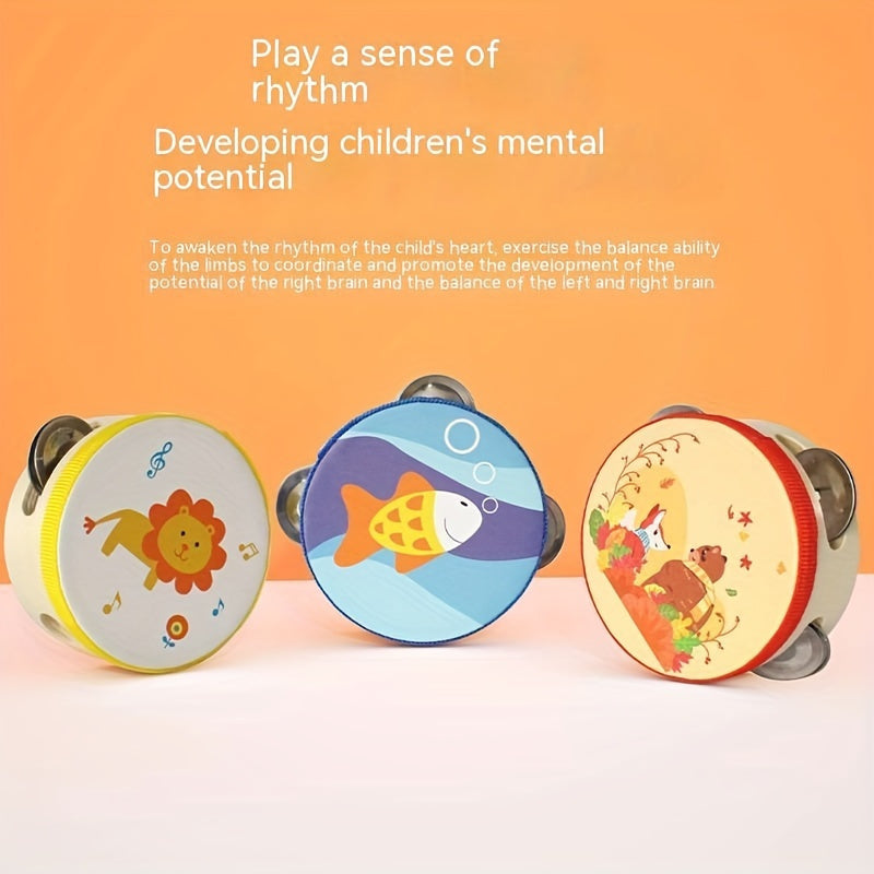 Orff Wooden Tambourine Hand Clapping Drum Toy Peach Orange Mix