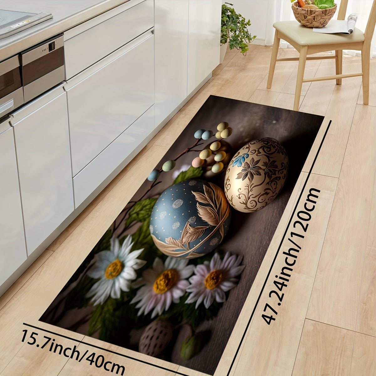 Flower & Egg Pattern Machine Washable Kitchen Rug