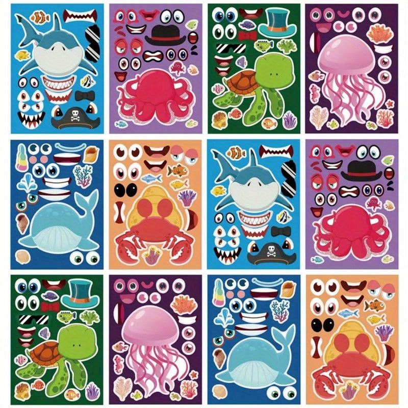 6pcs 12pcs 24pcs Deformation Marine Animal Puzzle Stickers DIY Cartoon Toys