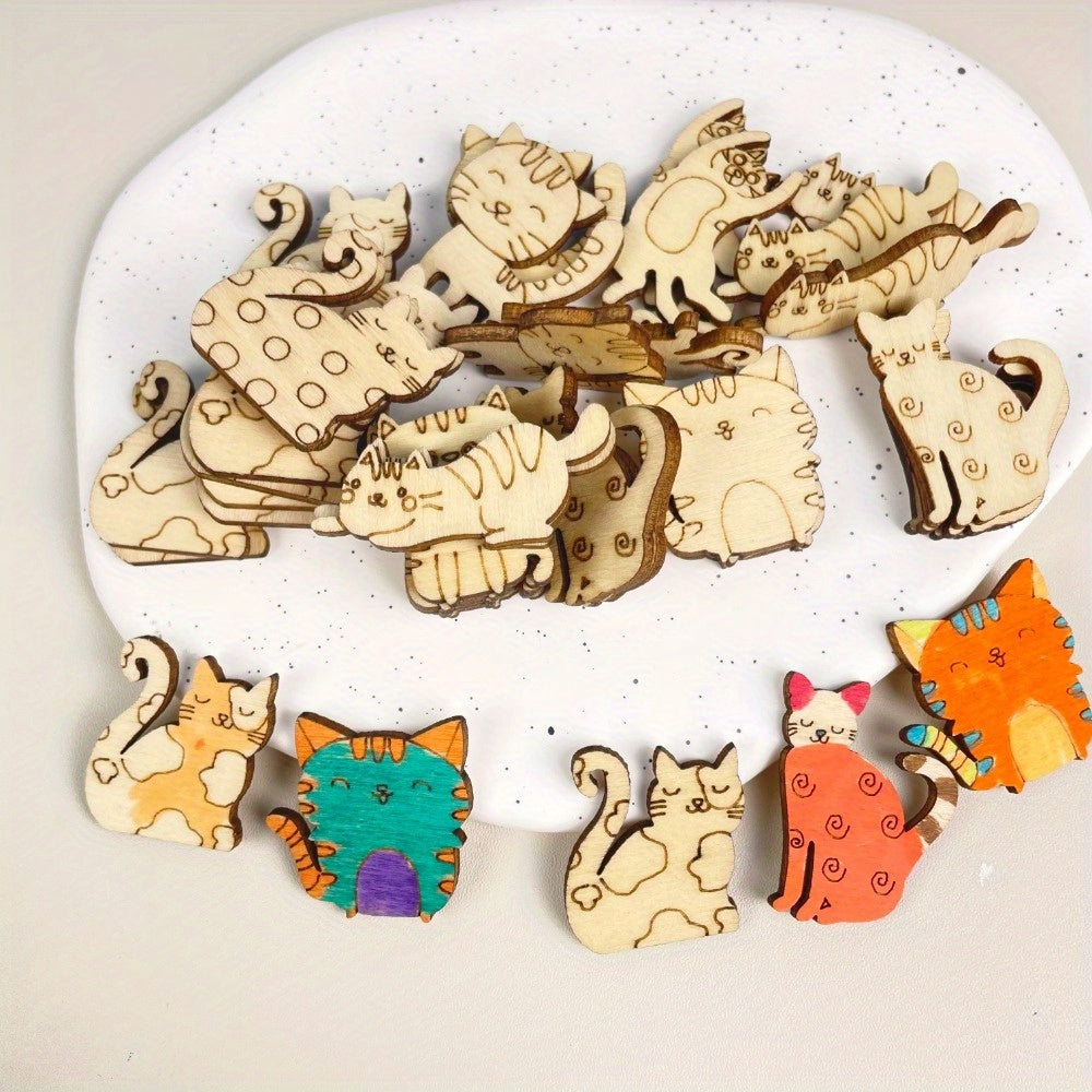 Wooden Cat Statues DIY Craft Toys for Children
