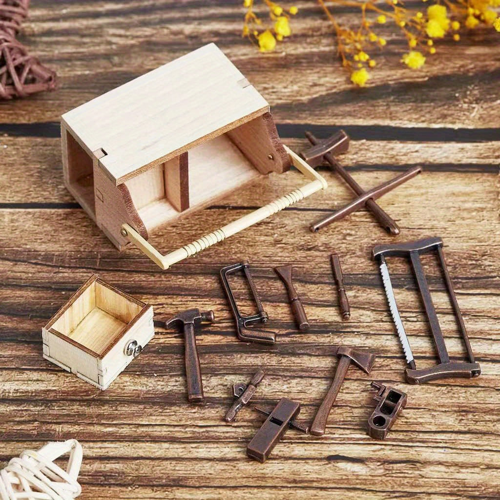 Mini Wooden Tool Box with Metal Tools Set for Fairy Garden