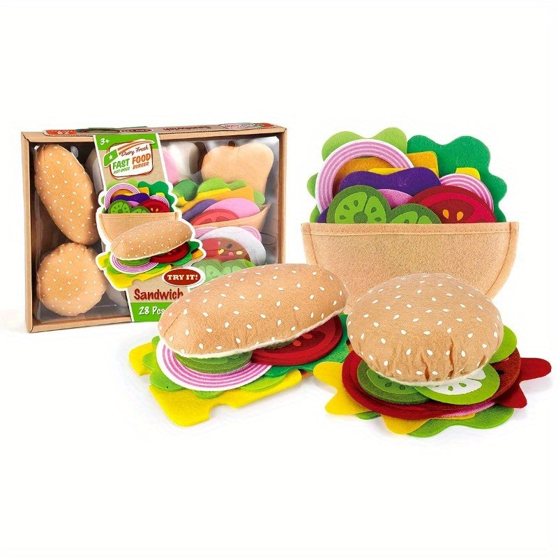 28pcs Felt Food Set Hamburger & Sandwich Pretend Play Toy for Ages 3