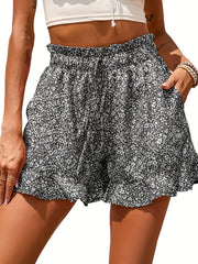 Boho Floral Ruffle Trim Shorts Elastic Waist Drawstring Summer Shorts