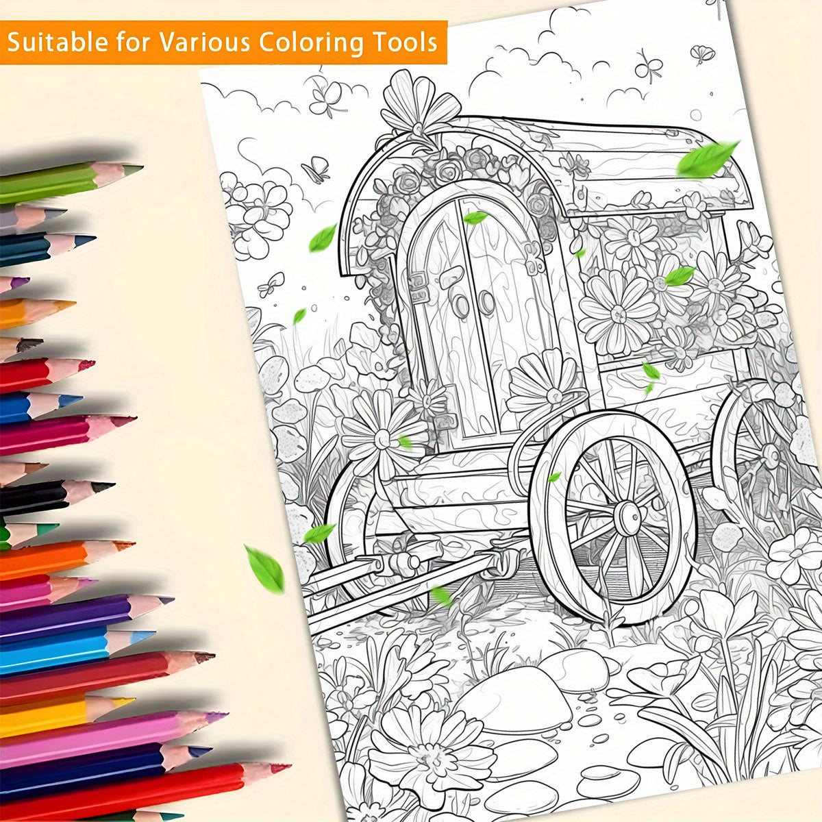 Flower Cart Deluxe Coloring Book - Stress Relieving Art Book for Teens & Adults