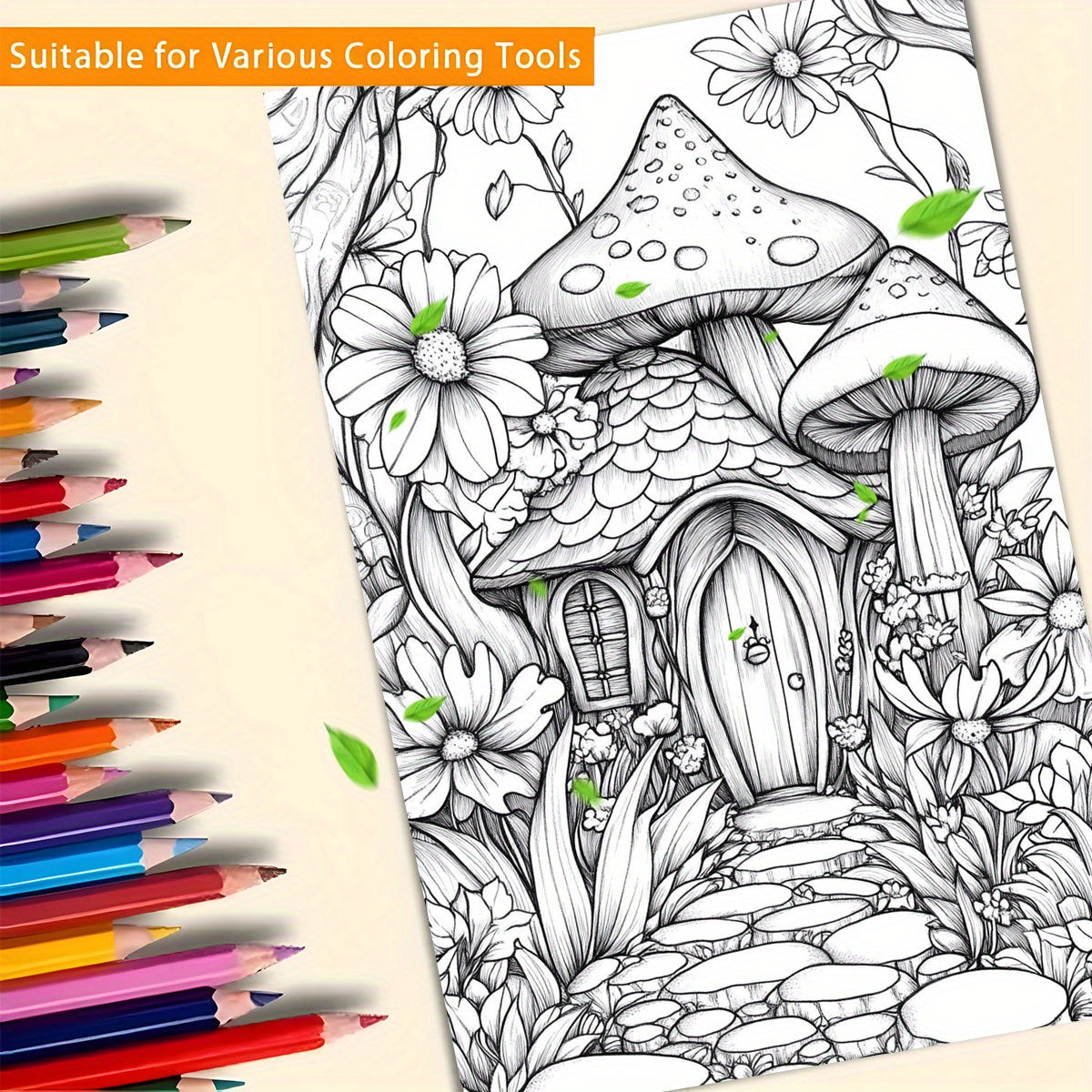 Flower and Mushroom House Coloring Book for Teens and Adults
