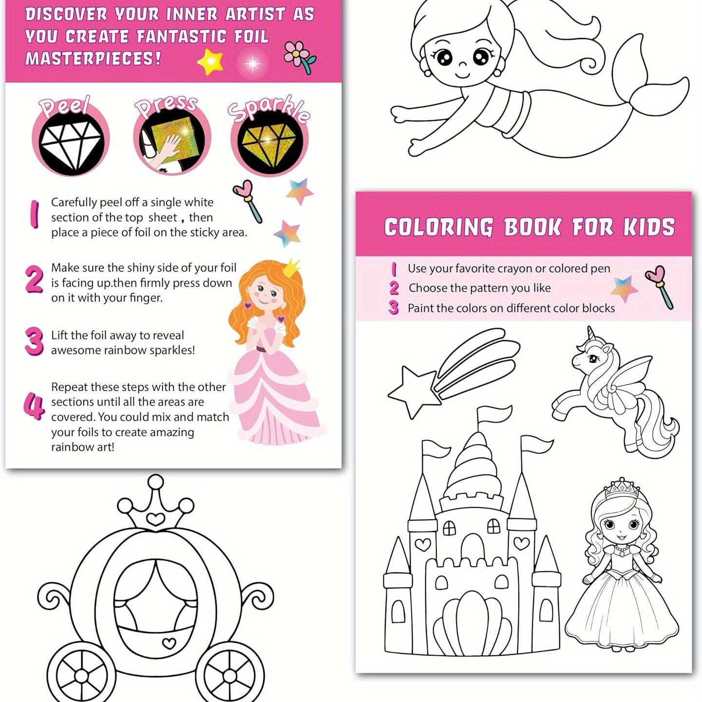 2in 1 Foil Fun Art Kit Kids and Princess Craft DIY Kit Coloring Book Creative