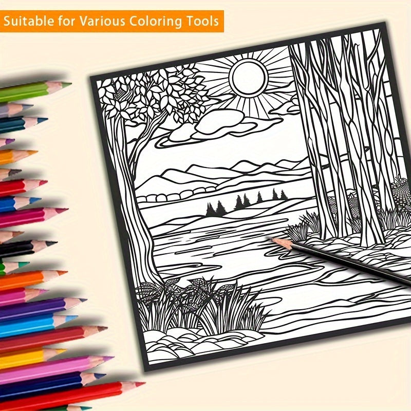Serene Landscape Designs Adult Coloring Book - Stress Relief, Anxiety Reduction