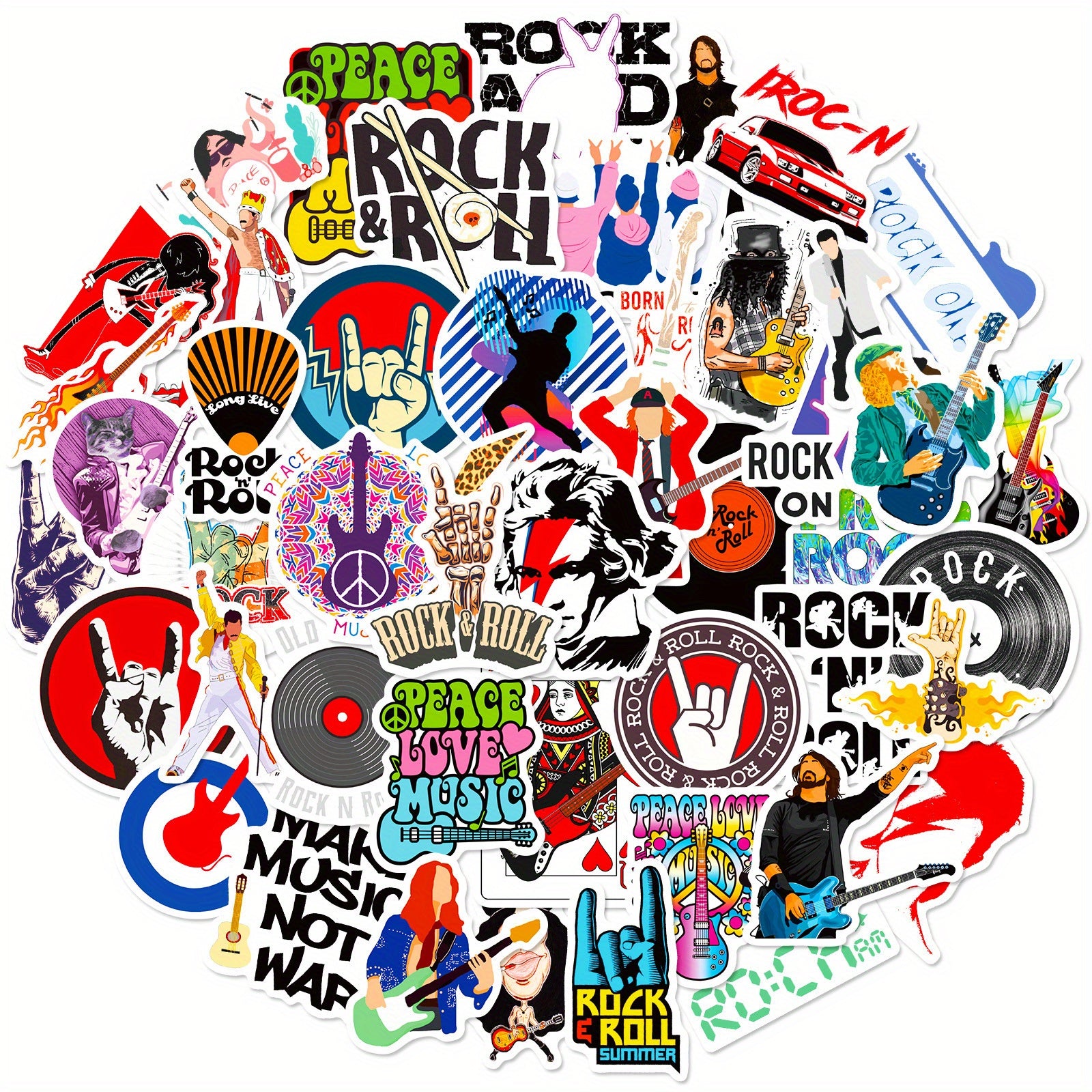 50pcs Rock & Roll Stickers Music Themed Decals for Cups Skateboards Phones