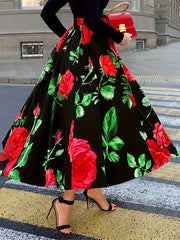 Floral Print High Rise A Line Maxi Skirt