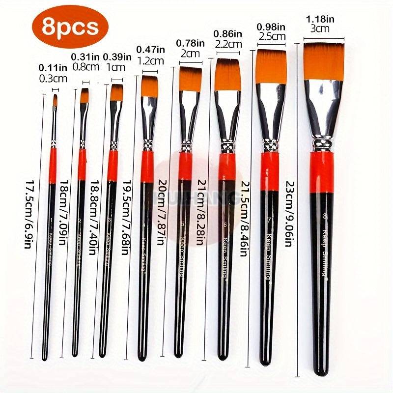 8pcs Nylon Hair Flat Tip Painting Brush Acrylic Watercolor Pen