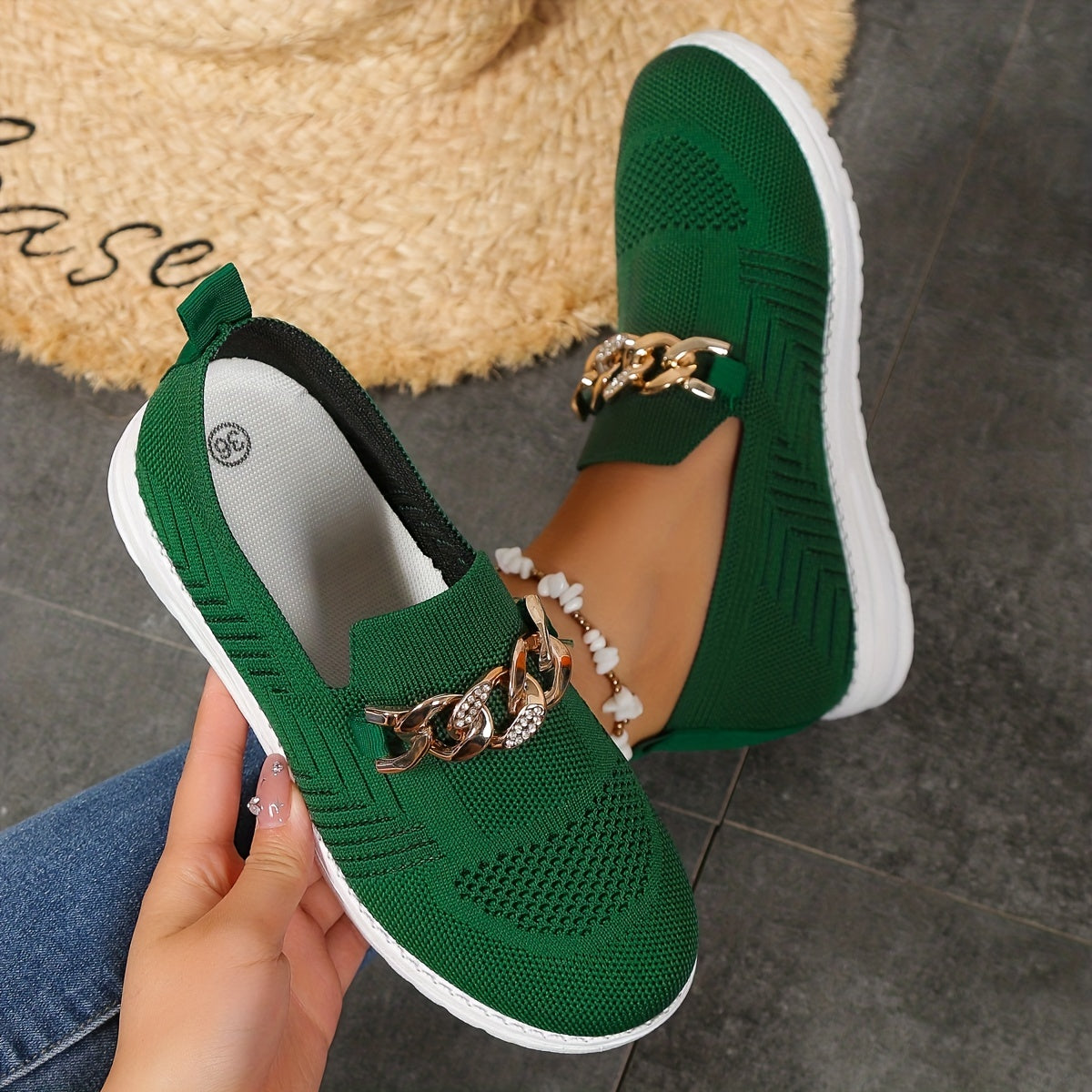 Women's Chain Decor Mesh Slip On Flatform Shoes Lightweight Walking Shoes