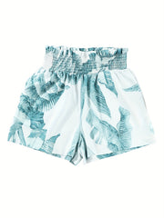Leaves Print Smocked Waist Shorts Random Print Casual Shorts