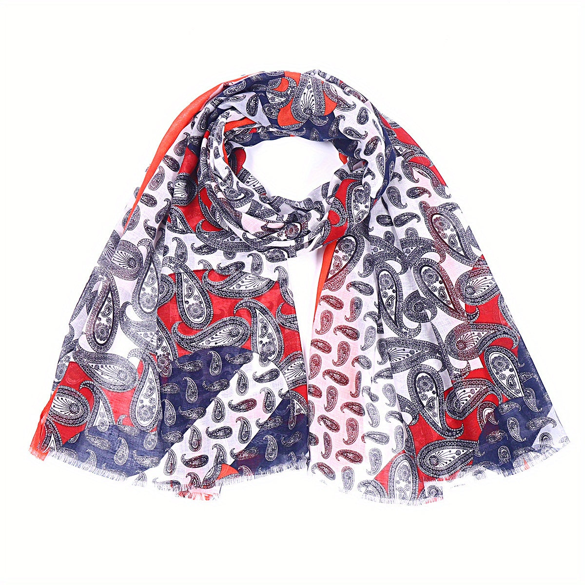 Boho Paisley Print Scarf Block Vintage Raw Edge Shawl