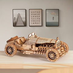 Vintage Car Wooden 3D Puzzle Kit - Yellow Mechanical Model