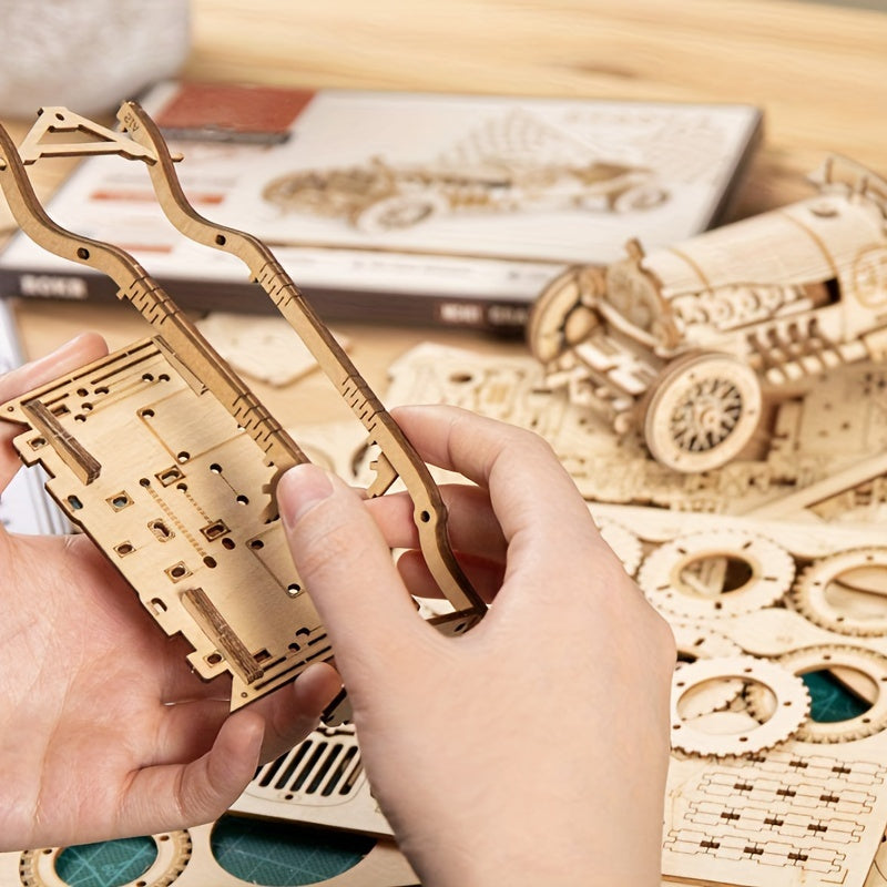 Vintage Car Wooden 3D Puzzle Kit - Yellow Mechanical Model