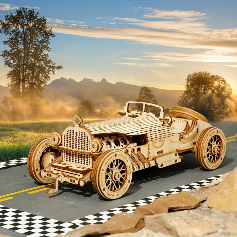 Vintage Car Wooden 3D Puzzle Kit - Yellow Mechanical Model