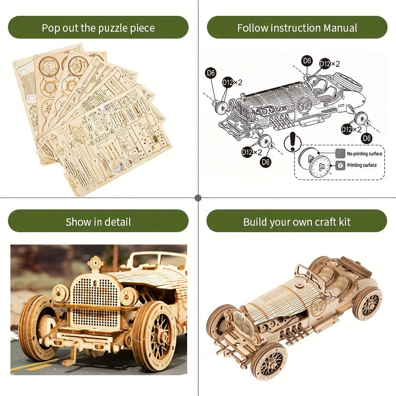 Vintage Car Wooden 3D Puzzle Kit - Yellow Mechanical Model