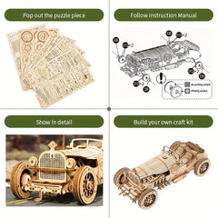 Vintage Car Wooden 3D Puzzle Kit - Yellow Mechanical Model