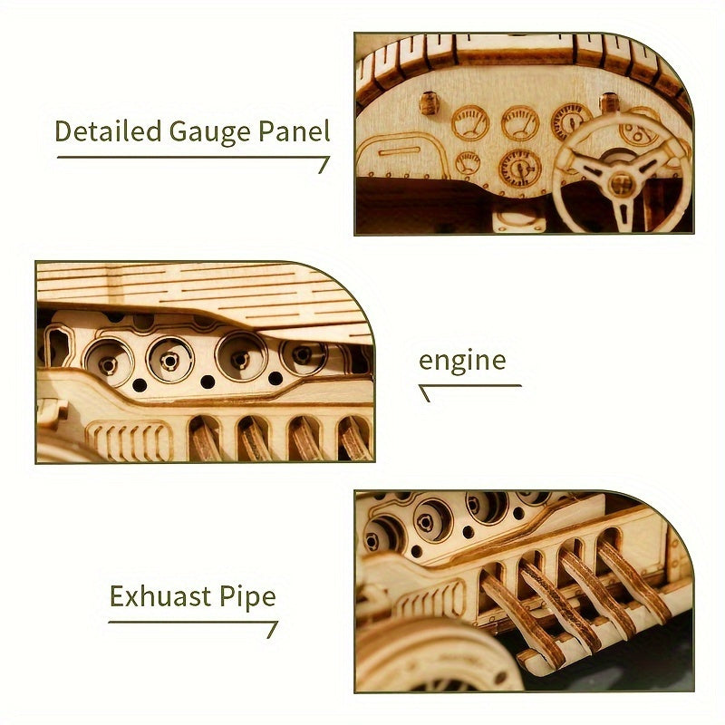Vintage Car Wooden 3D Puzzle Kit - Yellow Mechanical Model