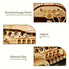 Vintage Car Wooden 3D Puzzle Kit - Yellow Mechanical Model