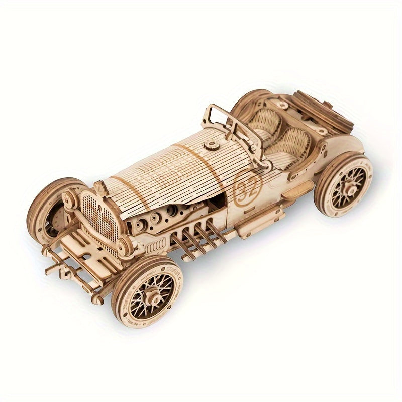 Vintage Car Wooden 3D Puzzle Kit - Yellow Mechanical Model