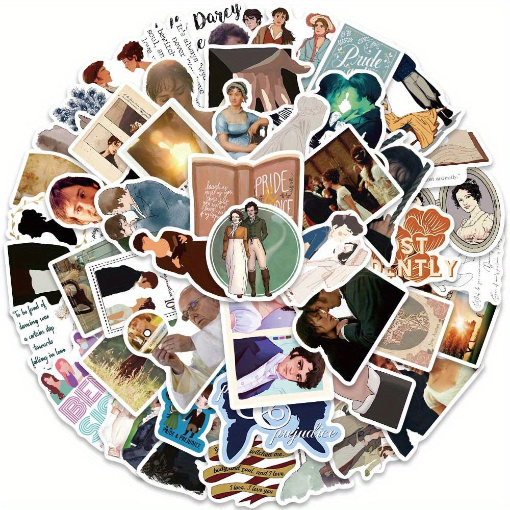 50Pcs Pride and Prejudice Themed Vinyl Stickers for Luggage Guitar Notebook